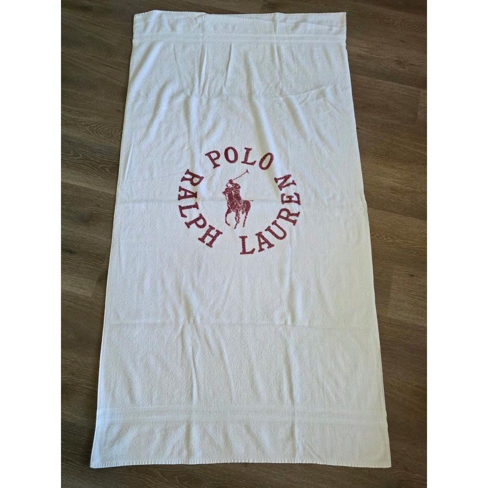 Vintage Polo Ralph Lauren Beach Towel White Red Logo 100% Cotton Made in USA